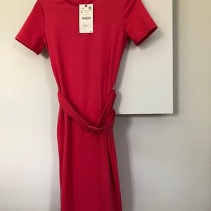 ZARA SHORT SLEEVE CORAL BELTED PENCIL DRESS SIZE S